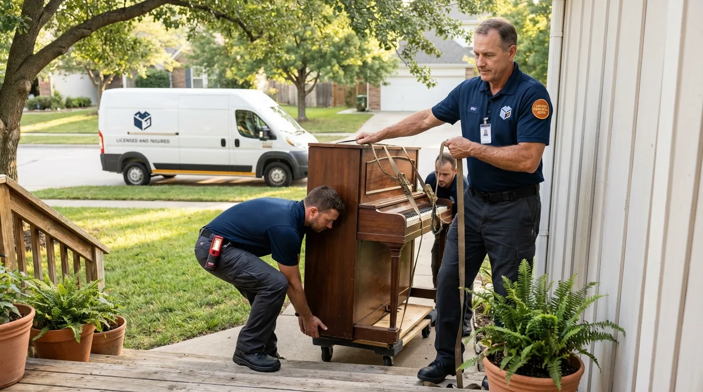 Licensed piano movers securing grand piano in Madison, FL