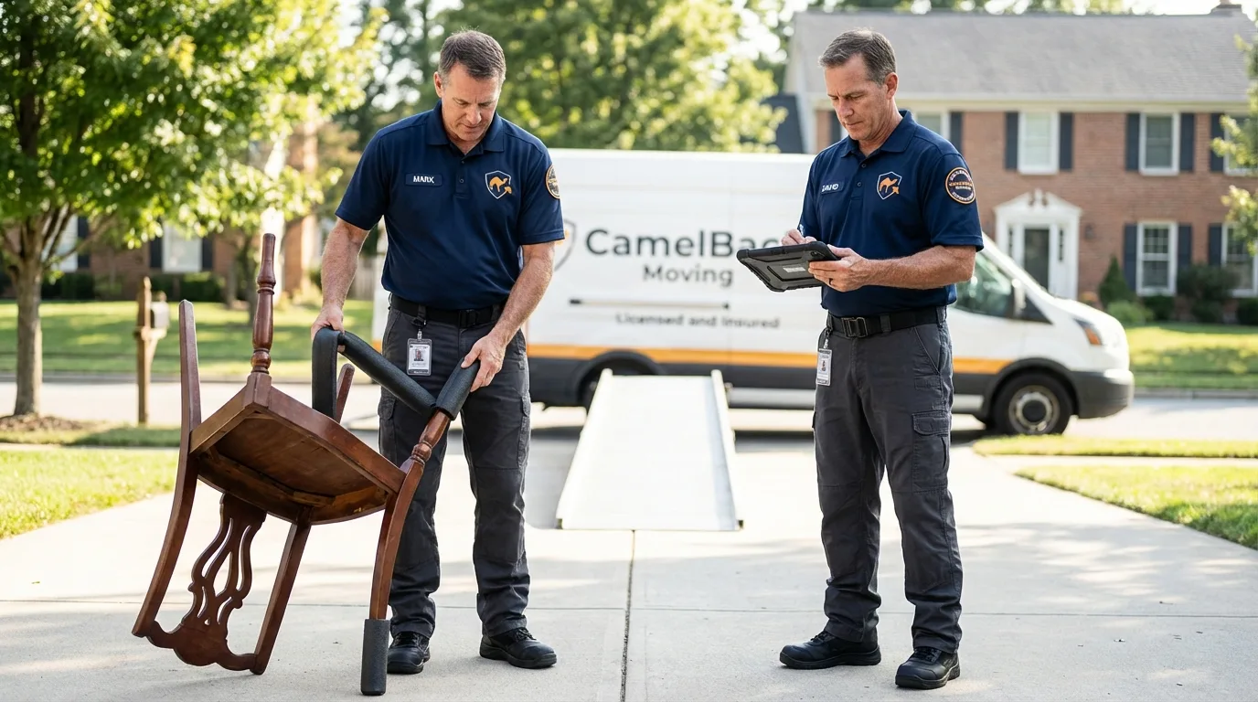 Movers inspecting furniture for damage prevention before loading in Madison, FL