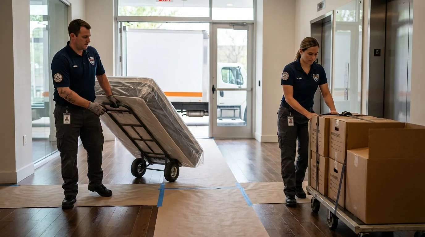 Professional apartment movers loading elevator in Madison, FL